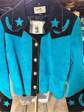 Scully Teal and Black Suede Western Jacket with Star & Crescent Details